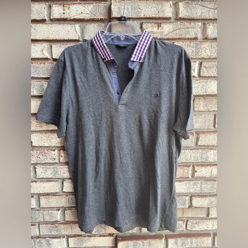 TED BAKER LONDON Men’s Polo Charcoal Gray Gingham Button-down Collar Size 5 - Picture 3 of 10